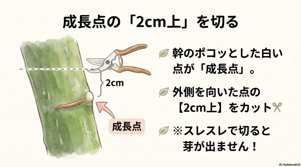 パキラの成長点の見つけ方とその2cm上をカットする正しい切る位置の図解