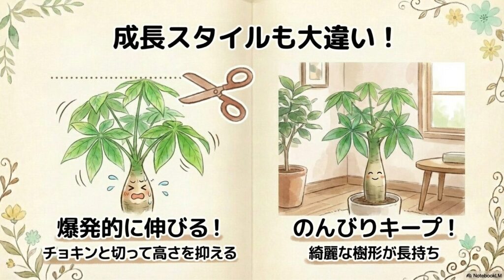 爆発的に伸びる実生株と、のんびり成長して樹形をキープする挿し木株のイラスト