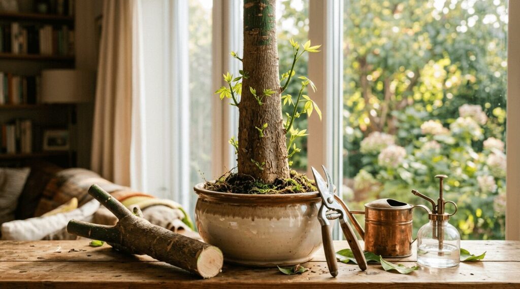 窓辺の明るいテーブルに置かれたバッサリ剪定後のパキラ。太い幹から元気な新芽が出ており、手前には切り落とした幹や園芸用ハサミなどの道具が並んでいます。パキラをバッサリ剪定して樹形を整える解説記事のアイキャッチ画像です。