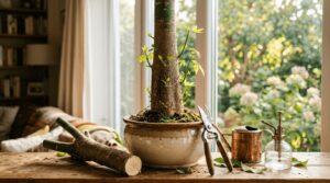 窓辺の明るいテーブルに置かれたバッサリ剪定後のパキラ。太い幹から元気な新芽が出ており、手前には切り落とした幹や園芸用ハサミなどの道具が並んでいます。パキラをバッサリ剪定して樹形を整える解説記事のアイキャッチ画像です。