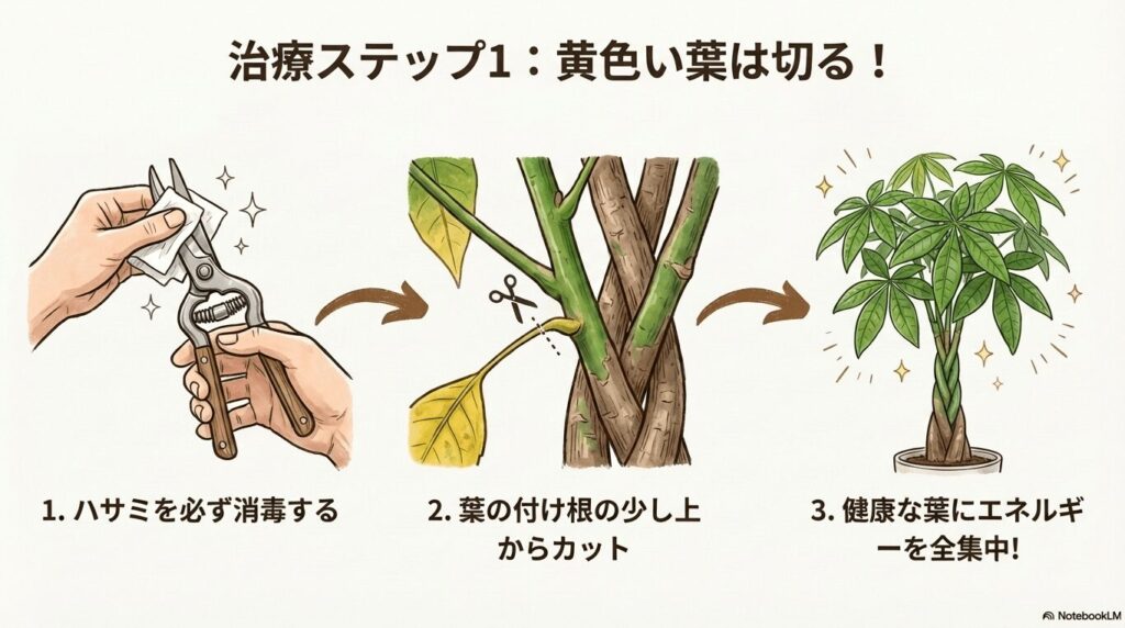 消毒したハサミを使ってパキラの黄色くなった葉を付け根の少し上から切り落とす正しい方法