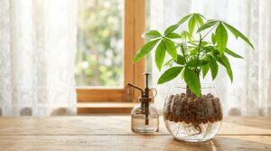 明るい窓辺の木製テーブルに飾られたパキラの水耕栽培。ガラス容器とハイドロボールを使っておしゃれに育てる初心者向けの基本