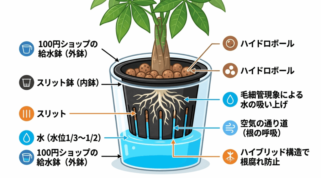100円ショップの給水鉢（外鉢）とスリット鉢（内鉢）を組み合わせた、パキラの水耕栽培ハイブリッド構造の図解。ハイドロボールによる毛細管現象や、スリットからの根の呼吸によって根腐れを防止する仕組みを解説しています。