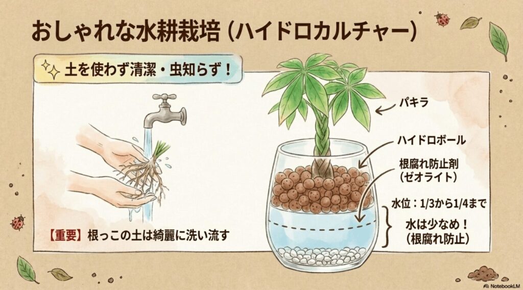 根の土を綺麗に洗い流し、ゼオライトとハイドロボールを入れ、水位を1/3程度に保つ手順