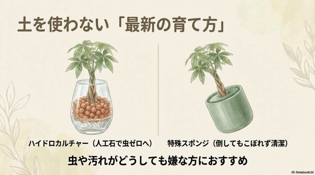 ハイドロカルチャー(人工石)と特殊スポンジ(塊)の栽培イメージ比較図解。