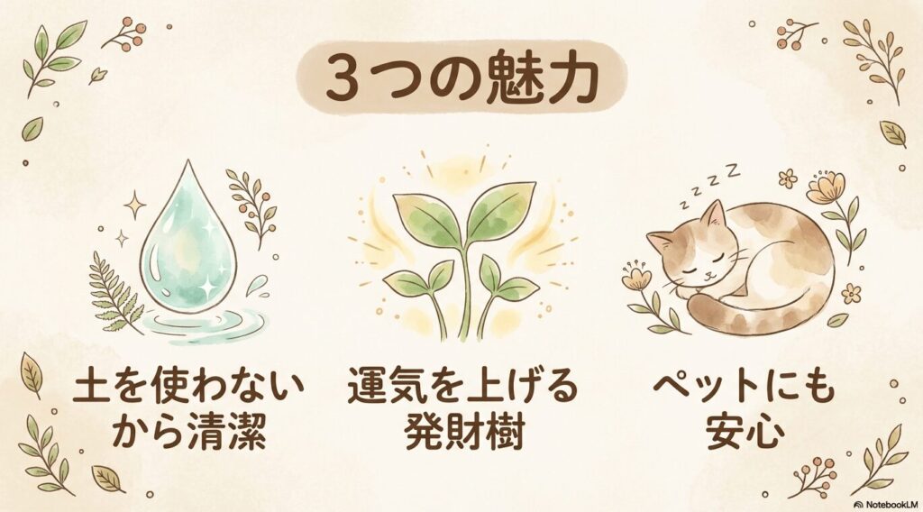 パキラを水耕栽培で育てる3つの魅力（土を使わないから清潔、運気を上げる発財樹、ペットにも安心）