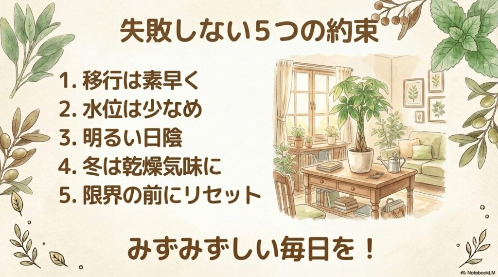 失敗しない5つの約束（1.移行は素早く、2.水位は少なめ、3.明るい日陰、4.冬は乾燥気味に、5.限界の前にリセット）