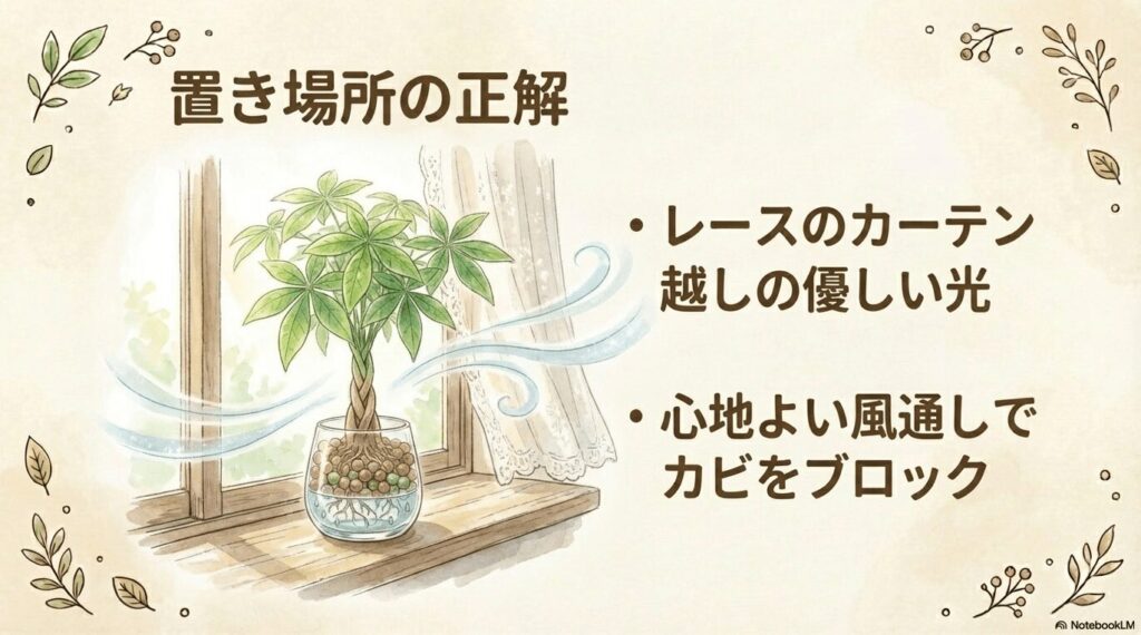 置き場所の正解。レースのカーテン越しの優しい光と、カビをブロックする心地よい風通し