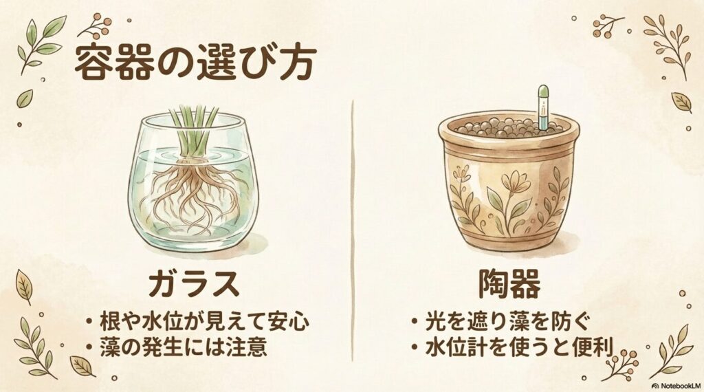 水耕栽培の容器の選び方。根や水位が見えて安心なガラスと、光を遮り藻を防ぐ陶器