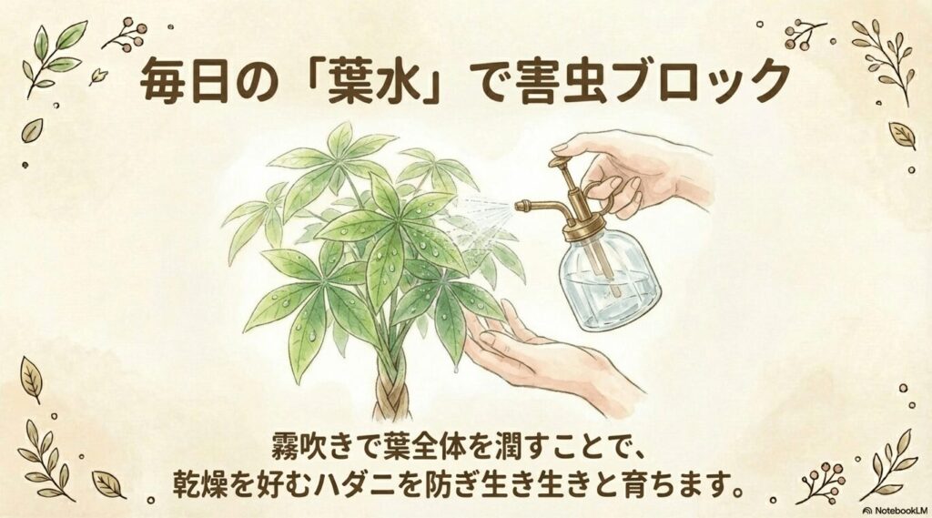 毎日の葉水で害虫ブロック。霧吹きで葉全体を潤すことで乾燥を好むハダニを防ぐ