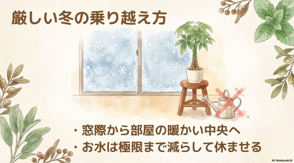 厳しい冬の乗り越え方。窓際から部屋の暖かい中央へ移動させ、お水は極限まで減らして休ませる