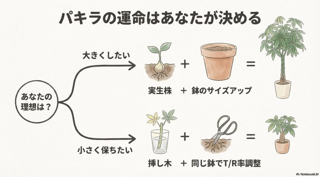 大きく育てたい場合は実生株と鉢のサイズアップ、小さく保ちたい場合は挿し木とTR率調整という育て方のまとめイラスト
