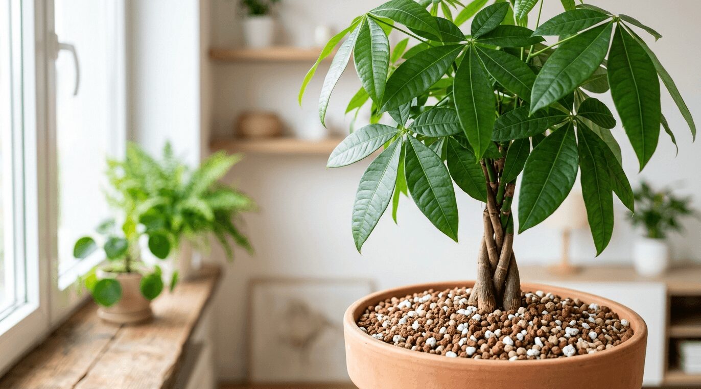 明るい窓辺に置かれた、清潔な土で植え替えられた健康的なパキラ