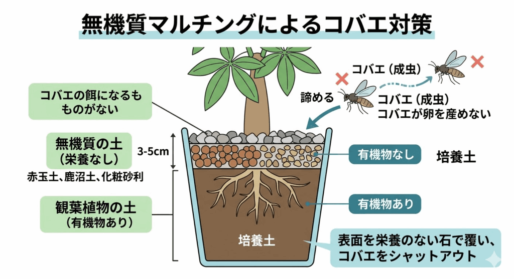 土の表面を無機質な赤玉土や鹿沼土で覆い、コバエの産卵を防ぐマルチングの断面図