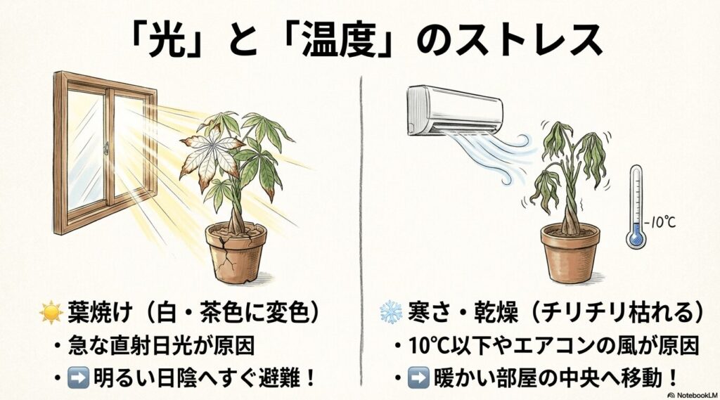 直射日光によるパキラの葉焼けと、エアコンの風や10度以下の寒さによる葉の枯れの様子