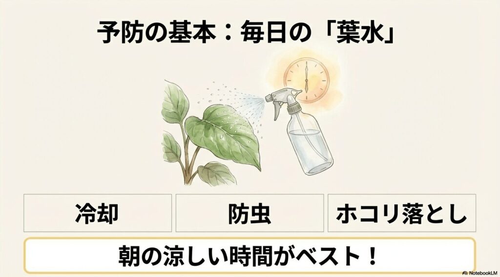 パキラの葉に霧吹きで葉水をしているイラスト。冷却、防虫、ホコリ落としの効果があり、朝の涼しい時間がベストであることを示している