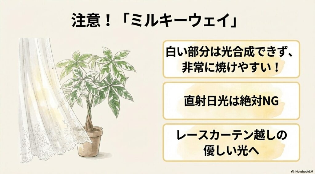 白い斑が入ったパキラ「ミルキーウェイ」のイラスト。白い部分は焼けやすいため、直射日光を避けてレースカーテン越しの優しい光に当てている様子