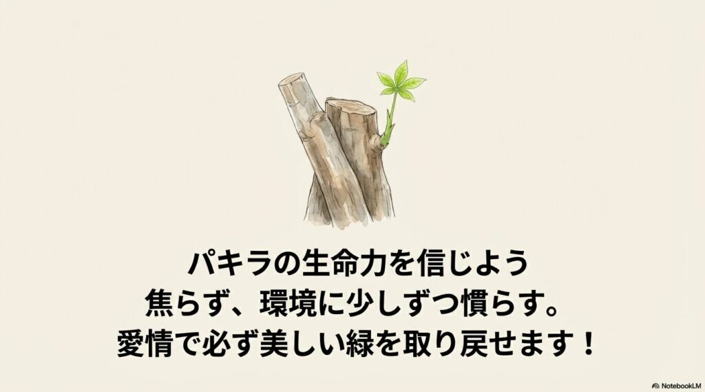 パキラの切り株から新しい緑色の新芽が出ているイラスト。焦らず環境に慣らすことで美しい緑を取り戻せることを示している