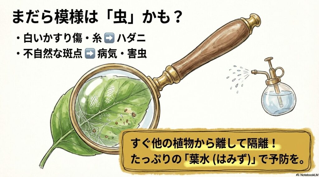 パキラの葉に現れる白いかすり傷やクモの糸などのハダニ被害や不自然な斑点