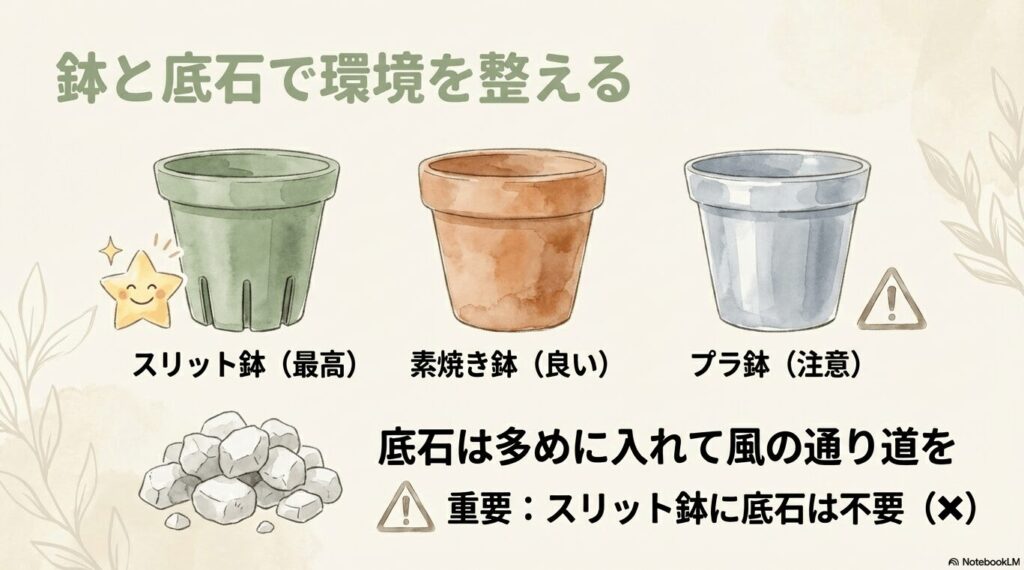 スリット鉢、素焼き鉢、プラスチック鉢の比較と、鉢底石の正しい入れ方を示した図解。