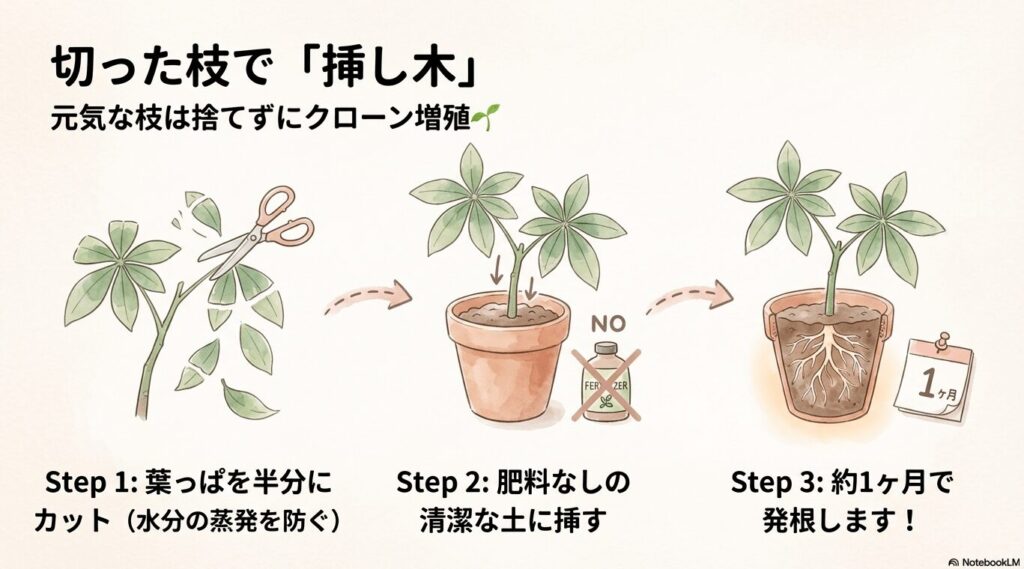 剪定で切り落としたパキラの枝を挿し木としてクローン増殖させる手順