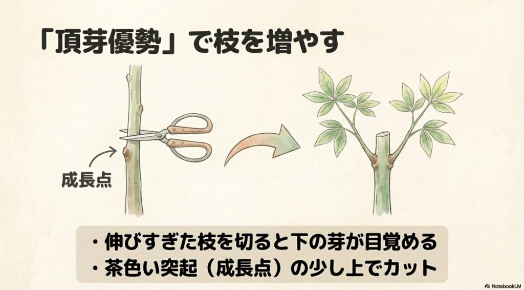 パキラの成長点の少し上をハサミでカットし、下から新しい枝が伸びてくる様子を描いたイラスト