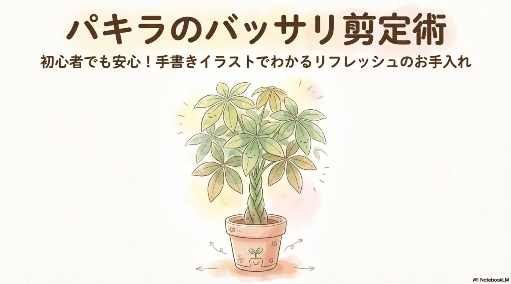 パキラのバッサリ剪定術を解説する手書きイラスト