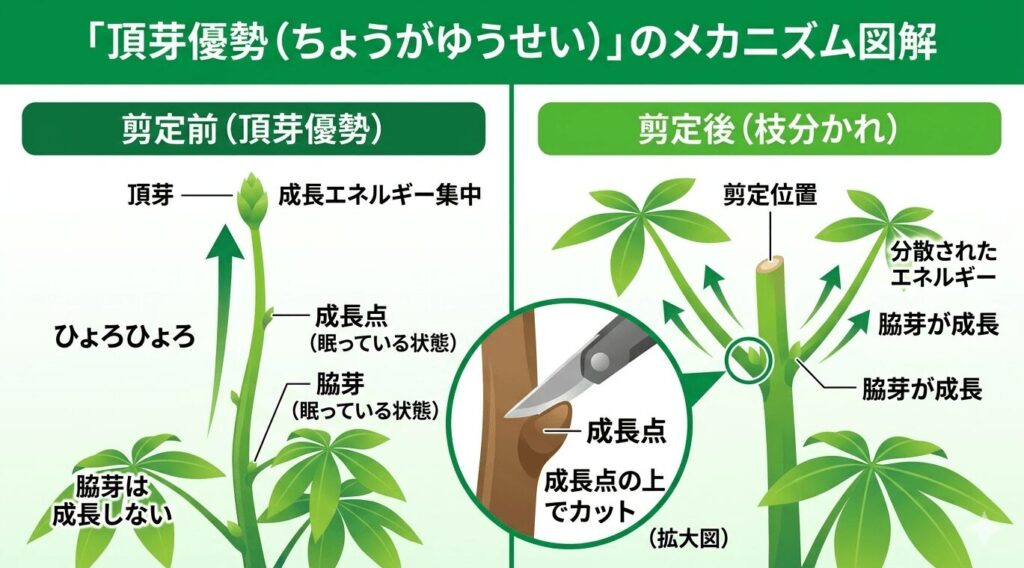 パキラが大きくなる過程で役立つ「頂芽優勢」のメカニズム図解。剪定前のひょろひょろ伸びる状態と、成長点の上でカットして枝分かれさせた剪定後の違いを比較したイラスト