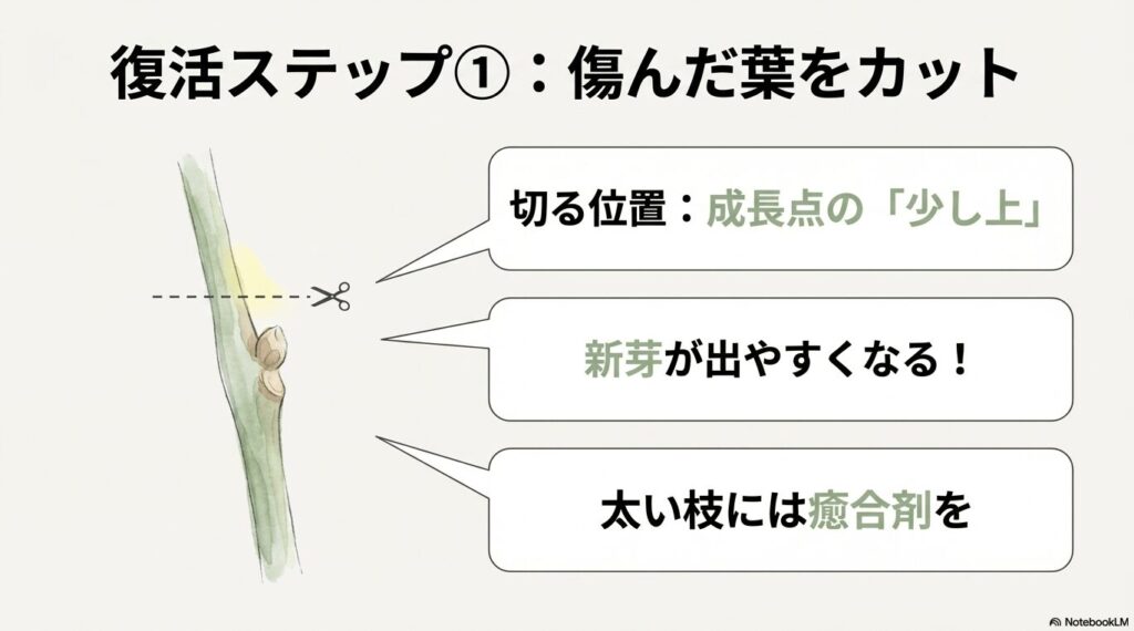 パキラの傷んだ葉を剪定するイラスト。新芽が出やすくなるよう、成長点の少し上を切る位置として示している