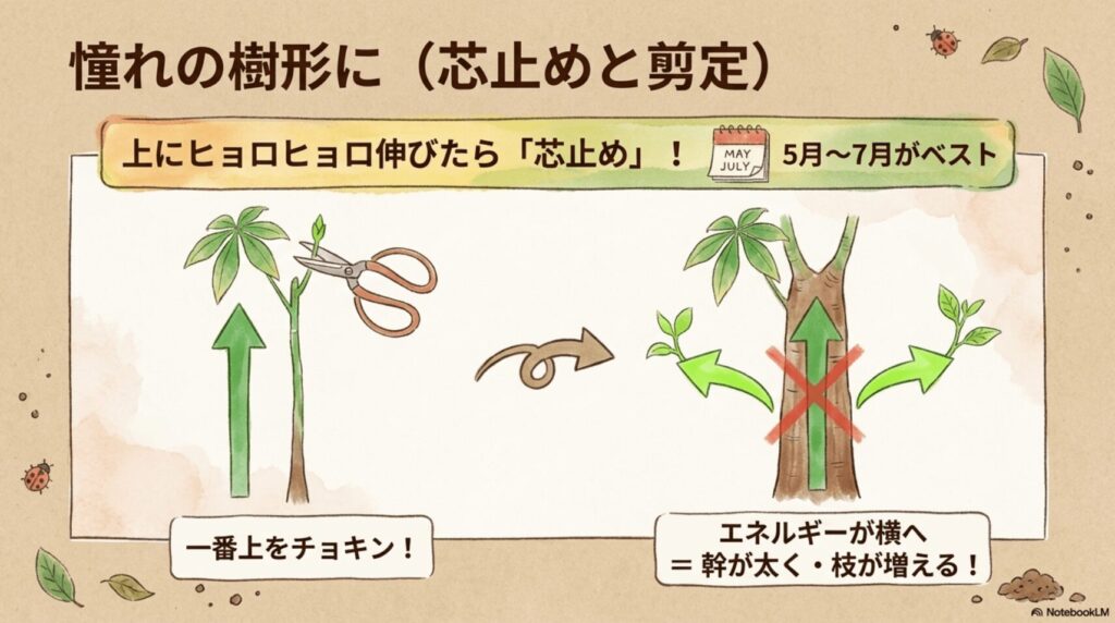 5月〜7月に一番上の成長点を切ることで、幹を太くし枝を増やす芯止めの仕組み
