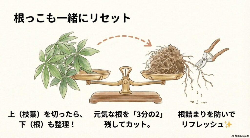枝葉を剪定した後は根っこも整理してバランス（T/R比）をとる図解