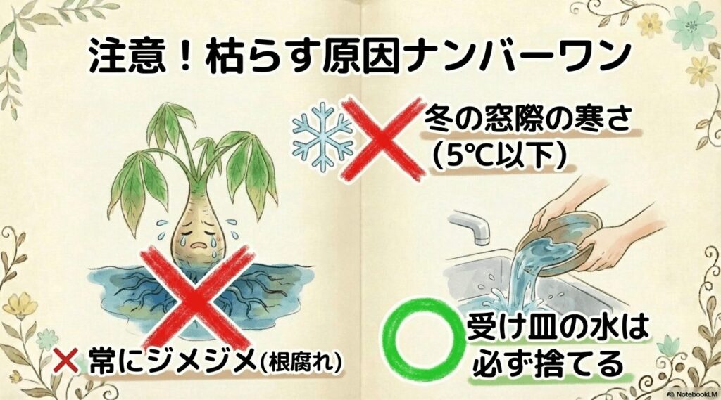 パキラを枯らしてしまう原因である冬の寒さや根腐れ(過湿)について注意喚起する図解スライド