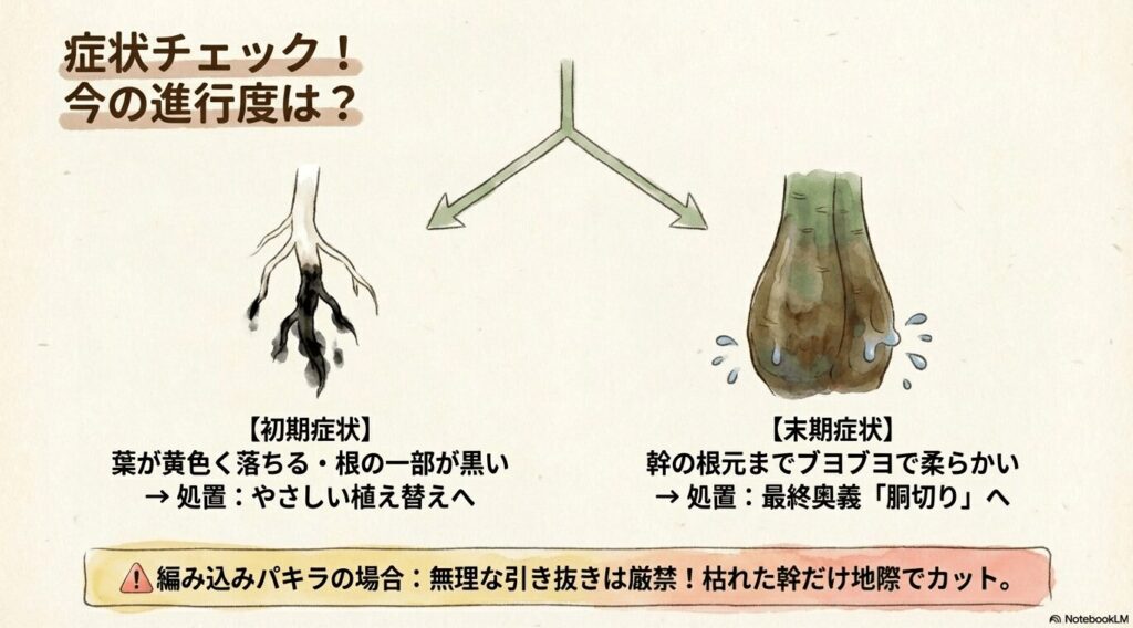 土が常に水浸しになることでパキラの根が酸素不足になり、有毒物質が発生して根腐れするメカニズム