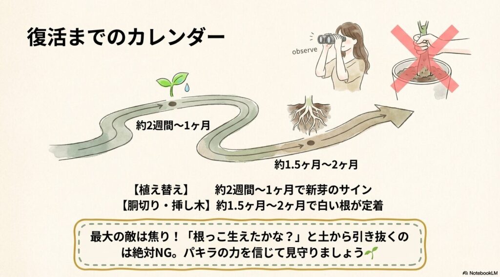 パキラの植え替えで約2週間から1ヶ月、胴切りや挿し木で約1.5ヶ月から2ヶ月かかる復活までのカレンダー