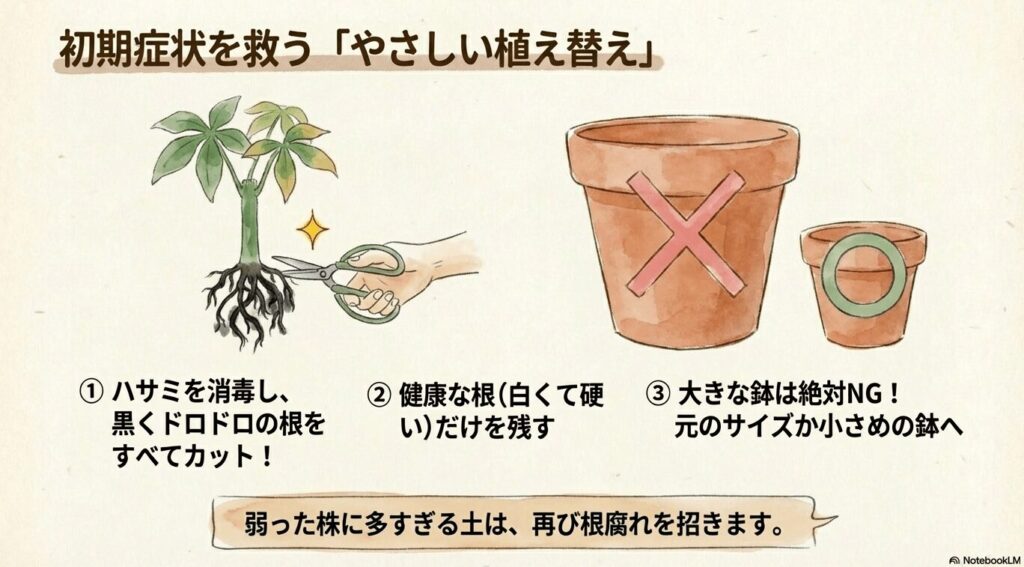 ハサミを消毒して黒くドロドロの根をカットし、小さめの鉢へ植え替えるパキラの初期症状の処置