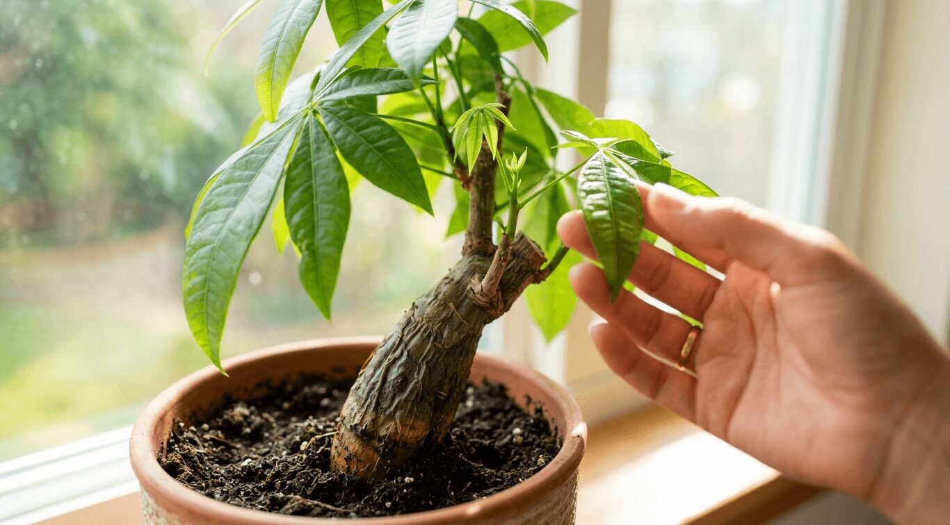 根腐れで幹がシワシワになった状態から見事に復活し、元気な新芽を出したパキラに優しく触れてケアしている様子