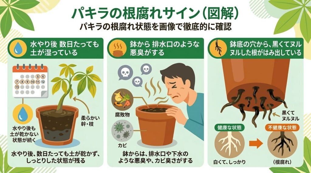 パキラが根腐れを起こしている3つのサイン（水やり後も土が湿ったまま、鉢から下水のような悪臭がする、鉢底から黒くてヌルヌルした根がはみ出している）を分かりやすくまとめた図解