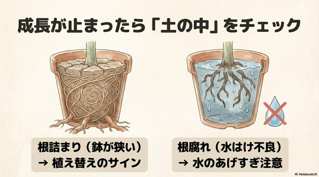 鉢の中で根がパンパンに詰まった根詰まり状態と、水に浸かりすぎて根腐れを起こしたパキラの断面図比較