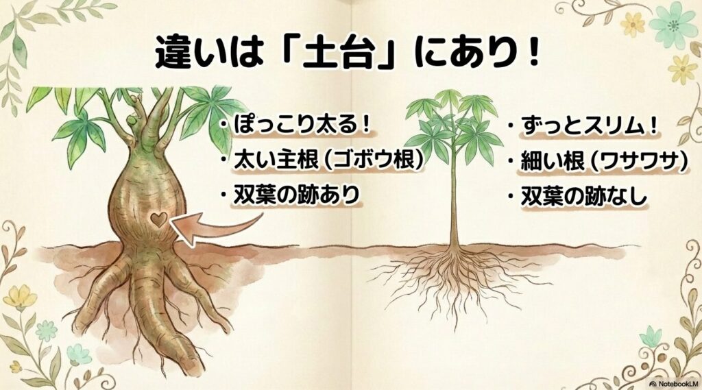 実生株の太い主根と挿し木株の細い不定根を比較した図解