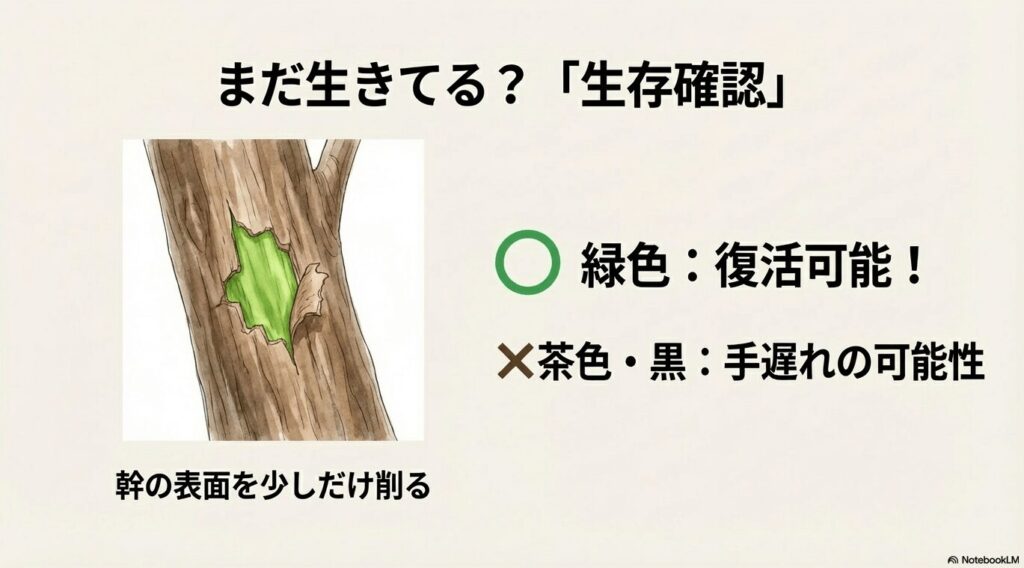 パキラの幹の表面を少しだけ削って生存確認をするスクラッチテストのイラスト。内側が緑色なら復活可能であることを示している