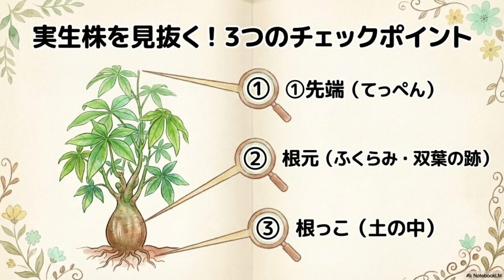 パキラの実生株を見分けるための3つのポイント(先端、根元、根っこ)を示した図解
