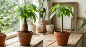 根元がぽっこりと太いパキラの実生株（左）と、幹が細く真っ直ぐな挿し木（右）を並べて見分け方を比較している様子。