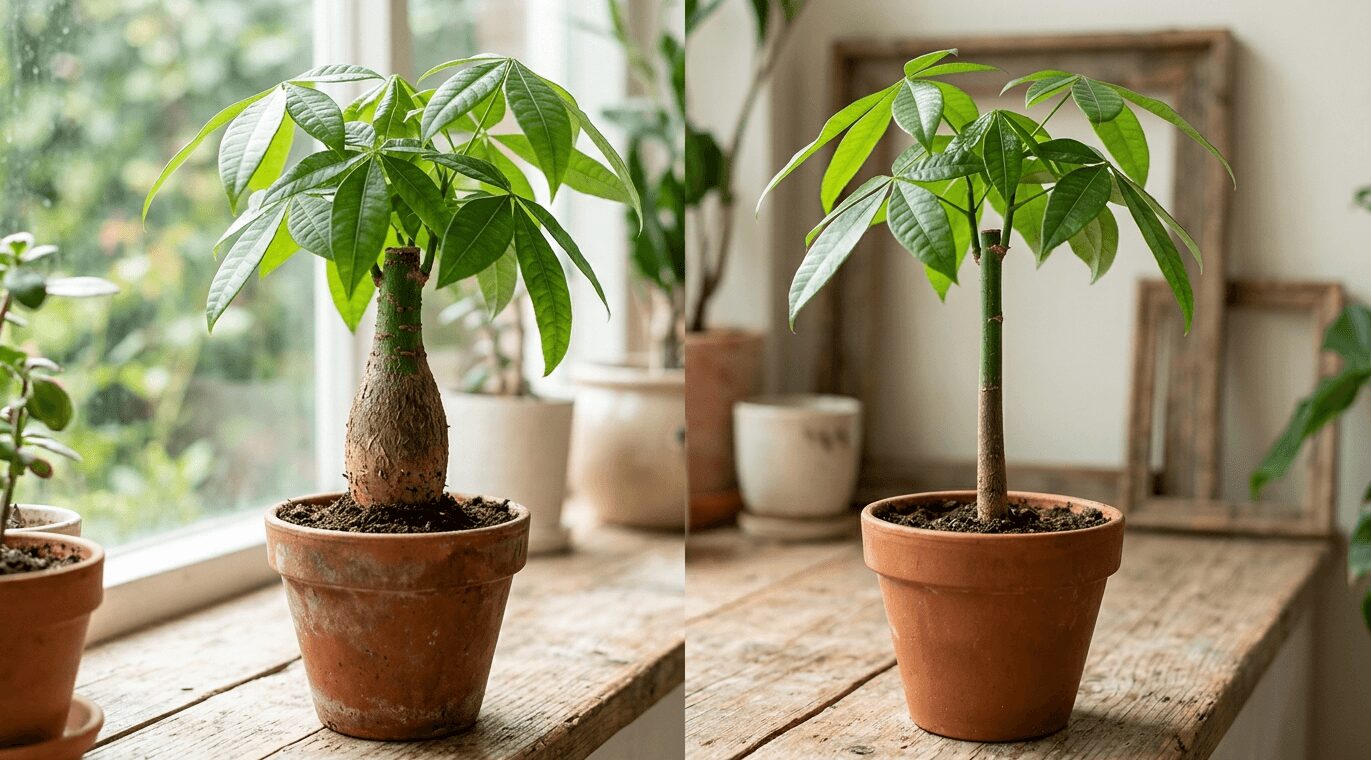 根元がぽっこりと太いパキラの実生株(左)と、幹が細く真っ直ぐな挿し木(右)を並べて見分け方を比較している様子。