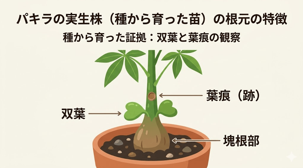 パキラの実生株の根元を拡大した図解イラスト。ハート型の双葉や丸い葉痕(跡)、ぽっこりと太い塊根部など、パキラの実生株を見分けるための決定的な特徴を解説しています。