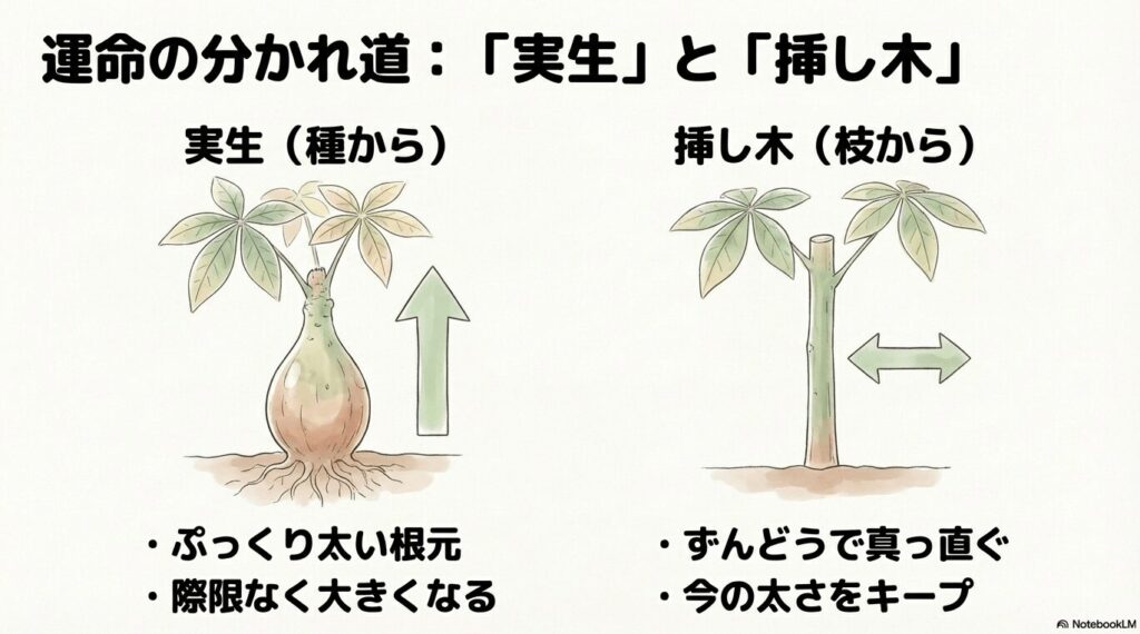 根元がふっくらと膨らんだ実生株のパキラと、幹が真っ直ぐな挿し木株のパキラのイラスト比較