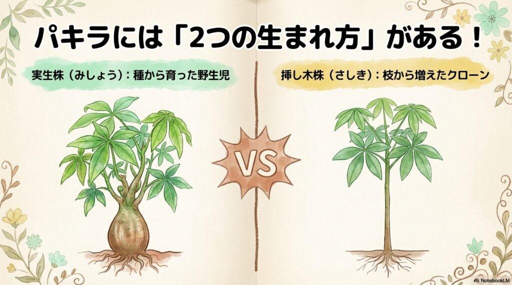 実生株と挿し木株のパキラが並んで比較されているイラスト