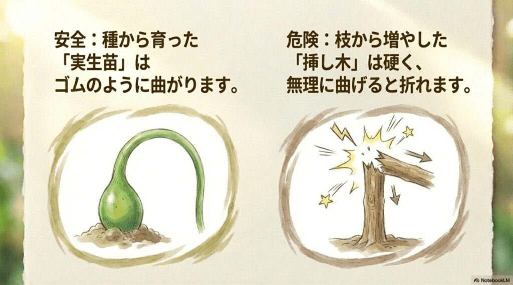 柔らかく曲げやすい「実生苗」と、硬くて折れやすい「挿し木苗」の性質の違いを解説するイラスト