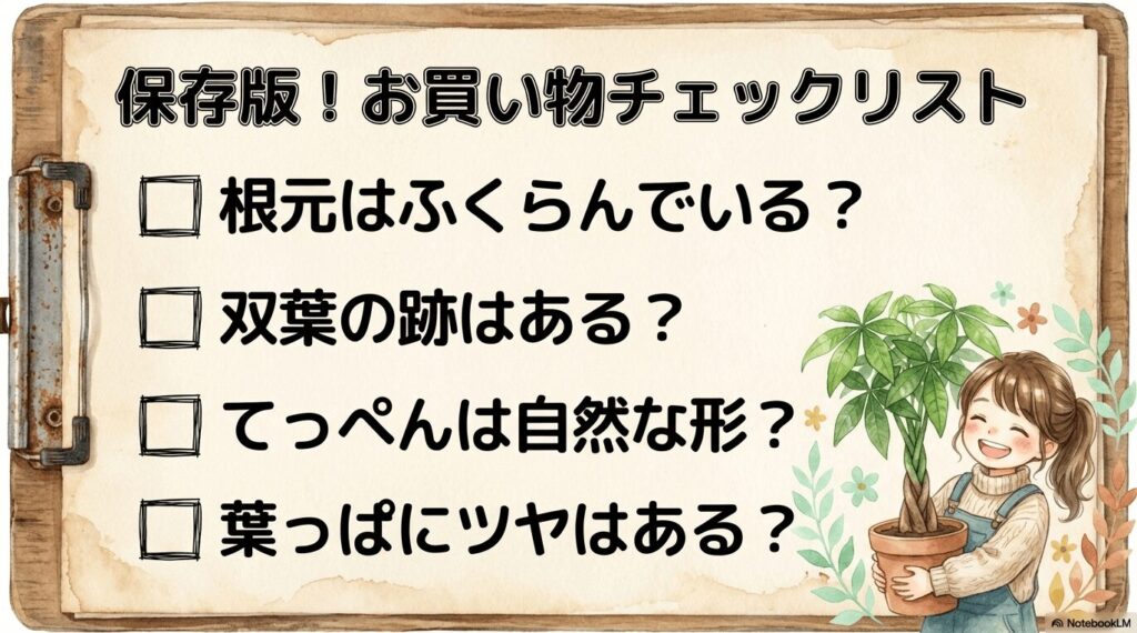 パキラを購入する際の根元、双葉の跡、先端、葉のツヤを確認するお買い物チェックリスト