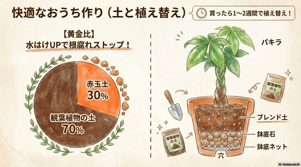 水はけをアップさせるパキラの土の黄金比(観葉植物の土70%、赤玉土30%)