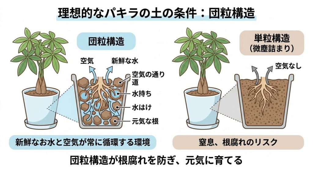 理想的な団粒構造(水はけ・通気性良)と根腐れリスクのある単粒構造の比較図解
